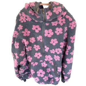 BiBi Daisy Sherpa Fleece Half Zip Hoodie Small Floral Cowl Neck Pullover